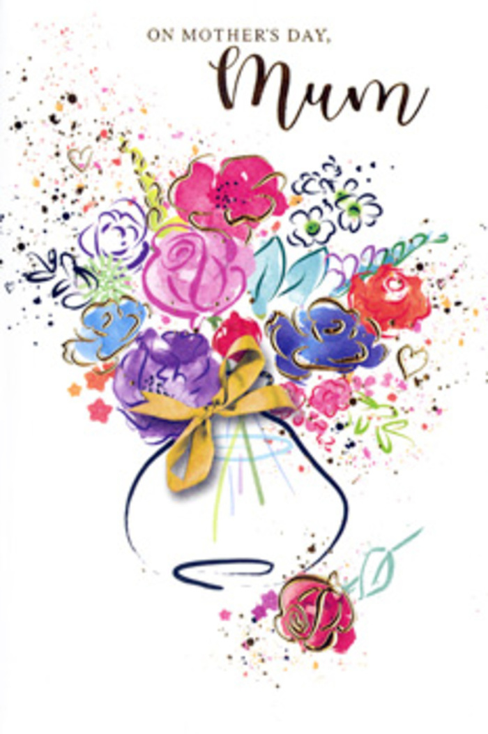 In this expressive Mother's Day card design, the bouquet appears as a joyful burst of colour, painted with sweeping, watercolour gestures that blend art and floristry. Hot pinks and vivid cerise blooms sit alongside indigo and violet petals, while softer apricot, buttery yellow, and chartreuse strokes peek through like fresh new growth in a spring border above Harrow on the Hill. Each flower is loosely defined by deep blue or purplish outlines, giving the impression of a quick, confident sketch from a florist's notebook, captured just before the real bouquet is arranged. Fine golden accents trace the contours of petals and leaves, adding a gentle shimmer reminiscent of early morning light glancing off shop windows on Harrow on the Hill High Street. The bouquet spills outward in an exuberant arc, yet remains visually anchored by a whimsical vase at the base, rendered in fluid washes and finished with a small golden bow motif that suggests careful presentation and thoughtfulness. Around the edges, playful splashes of paint, scattered hearts, and tiny dots of colour drift across the white background like petals tossed in celebration, conjuring the sound of children's laughter and warm family conversations. The overall composition feels both spontaneous and meaningful, echoing the way love for a mother is often expressed in small, heartfelt gestures. It becomes more than a simple card; it feels like a keepsake bouquet on paper, a lasting reminder of appreciation and affection for Mother's Day in Harrow on the Hill.