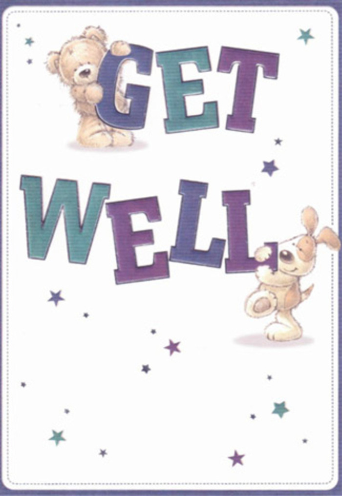 A joyful celebration of encouragement unfolds on this illustrated get well card, wonderfully echoing the neighbourly charm of Harrow on the Hill. The design comes to life with two endearing characters-a plump teddy bear and a floppy-eared puppy-each infusing the scene with playful energy and gentle sincerity as they deliver their best wishes. Around them, cheerful stars and bursts of colour seem to drift like confetti, their purples and aquas reminiscent of local gardens in spring bloom. The bold, tactile lettering-a confident GET WELL-anchors the composition, shaded in lively indigo and teal tones that stand out brilliantly against the clean, airy background, much like the first crocus or iris to emerge in a Harrow garden after winter. The velvety-looking fur of the puppy and plush texture of the bear evoke the comforting familiarity of a favourite plush toy, or the soft petals of a hand-delivered bouquet prepared by a local florist. The scene's generous mood, filled with light and a gentle sense of touch, is perfect for anyone recovering at home near Harrow School or nestled in the quiet lanes lining the hill. Sending this card-perhaps alongside fragrant freesias or cheerful daffodils-is more than a gesture; it's an embrace, a heartfelt offering of local kindness and warmth that uplifts loved ones young and old, whether near St. Anns Road or within the heart of the village.
