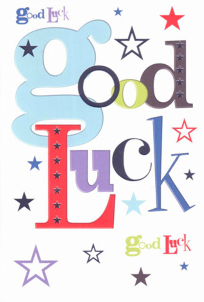 This good luck card is a joyful, modern composition that looks as if it has captured the sound of friends cheering outside a café in Harrow on the Hi just before someone's big moment. Set against a pure, uncluttered white background, the words Good Luck stretch across the centre in a lively mix of fonts and colours that feel almost like personalities gathered together. One letter is wide and pastel blue, open and welcoming; another is slim and midnight black, adding a hint of calm sophistication; others are painted in exuberant cherry red, earthy moss green, and deep violet, each shape slightly different in width and curve so the phrase seems to dance rather than simply sit on the page. Around this typographic chorus, small stars sparkle and tumble in every direction. Some are strong and assertive, coloured in navy and indigo that recall clear winter skies above Harrow on the Hill; others are softer, washed in sky-blue, lilac, and powdery lavender tones, as if fading gently into the white. They vary in size, from pinpricks to miniature bursts, giving the design a sense of depth and motion, like confetti drifting slowly to the ground after being tossed along a quiet side street off the High Road. The card appears to be printed on a good, weighty cardstock with a smooth, matte finish that would feel pleasantly firm to the touch, not flimsy, and inviting you to run your fingertips across the slightly raised ink of the letters. Visually, it gives off a warm, uplifting energy: not overpowering, but steadily encouraging, the way loved ones might clap and smile from the sidelines as someone steps into an exam hall or onto a small local stage, carrying with them not only wishes for luck, but the glow of genuine belief.