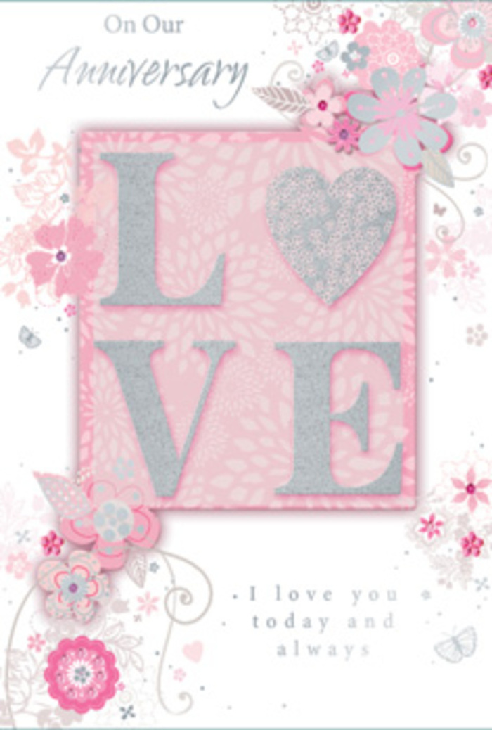 The anniversary card is styled like a hand-tied bouquet translated into paper, its design unfolding with the same care a florist in Harrow on the Hill would give to a favourite customer's order. When you look at it, there is the sense of stepping into a sunlit room where love is acknowledged in quiet, everyday ways. The central motif, the word LOVE, is embossed in frosted glitter, rising gently above the surface so that each letter appears almost cushion-soft. The shimmering texture catches the light in a subtle way, similar to how fine mist settles on pale rose petals in the gardens overlooking Harrow-on-the-Hill School. Around this focal word, wispy, hand-drawn flowers drift along the borders in shades of pink, lilac, and creamy ivory. These blooms feel almost weightless, resembling delicate garden blossoms or the pastel petals found in romantic arrangements often delivered to homes around Roxeth and Harrow town. Fine flourishes of filigree lines weave among dainty leaves and almost-hidden butterflies, their wings barely suggested with the lightest touch of grey and blush ink. These tiny details give the composition a gentle flutter, like hearts quietly beating in unison. The message I love you today and always rests in graceful, understated type beneath or beside the floral design, its simplicity allowing the sentiment to shine through with sincerity. The whole card radiates a soft, hopeful warmth, as if wrapped in the same tenderness that goes into arranging anniversary bouquets for long-married couples on Harrow on the Hill - a keepsake that feels intimate, comforting, and quietly celebratory.