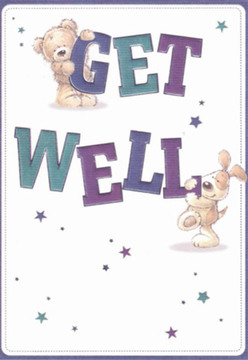 Radiating the gentle optimism that Harrow on the Hill is known for, this charming get well card features a heartwarming scene: a cuddly teddy perched cheerfully above the bold lettering of "GET", while an enthusiastic puppy nudges playfully against a vibrant "WELL" below. Their rounded, expressive features mirror the friendly faces you might encounter at the weekend market or in local cafés. The animals' affectionate bond is beautifully complemented by scattered star motifs, colored in lively blues and rich purples, shimmering against a crisp white backdrop that conjures a sense of pristine clarity and well-being-a feeling reminiscent of fresh blooms newly delivered by Flower Delivery Harrow on the Hill for same-day cheer on winding hilltop roads. The thick, joyful typography stands out like hand-tied ribbon, its hues echoing the rich tones found in bespoke bouquets specially crafted for those in recovery. There's a textural pleasure in the illustrated fur and floppy ears, soft and inviting, as if extending a gentle embrace to anyone feeling under the weather. The composition's thoughtful balance-each detail carefully chosen, much like the pairing of delicate petals and fragrant greens-evokes the nurturing spirit at the heart of every Harrow florist's creation. This heartfelt artwork combines the innocent comfort of childhood friends with the reassuring clarity of a get well wish, delivering both playfulness and sincere care-perfect for lifting spirits after a walk along Church Road or brightening a hospital room overlooking the historic town.