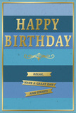This elegant birthday card is captured in a way that highlights its composed blend of blue serenity and golden festivity, much like a calm afternoon stroll along the lanes of Harrow on the Hill. The background is formed from generous, horizontal bands of blue, each stripe a distinct shade moving gradually from deep navy and ink-like blue to gentler ocean and sky tones, giving the impression of depth and stillness. Centred boldly across these bands, the words HAPPY BIRTHDAY are embossed in tall, metallic gold letters, their surface gleaming softly as though brushed with warm light. Directly beneath, a refined golden flourish sweeps out in a decorative curve, acting almost like an elegant underline that adds a vintage charm. Below this flourish, three slim gold banners sit neatly aligned, carrying the reassuring, friendly line: Relax, have a great day and enjoy! The entire composition is enclosed by a fine gold border, framing the design and echoing the shine of the central text and banners. You can almost feel the smooth, high-quality card between your fingers, with the raised foil elements giving a gentle, tactile contrast. The overall atmosphere is one of quiet celebration and gentle encouragement, perfect for somebody who values calm over clutter. Paired with a vase of fresh birthday blooms delivered locally, this card would look right at home on a windowsill or mantelpiece in Harrow on the Hill, bringing a subtle touch of luxury and heartfelt warmth to the day.